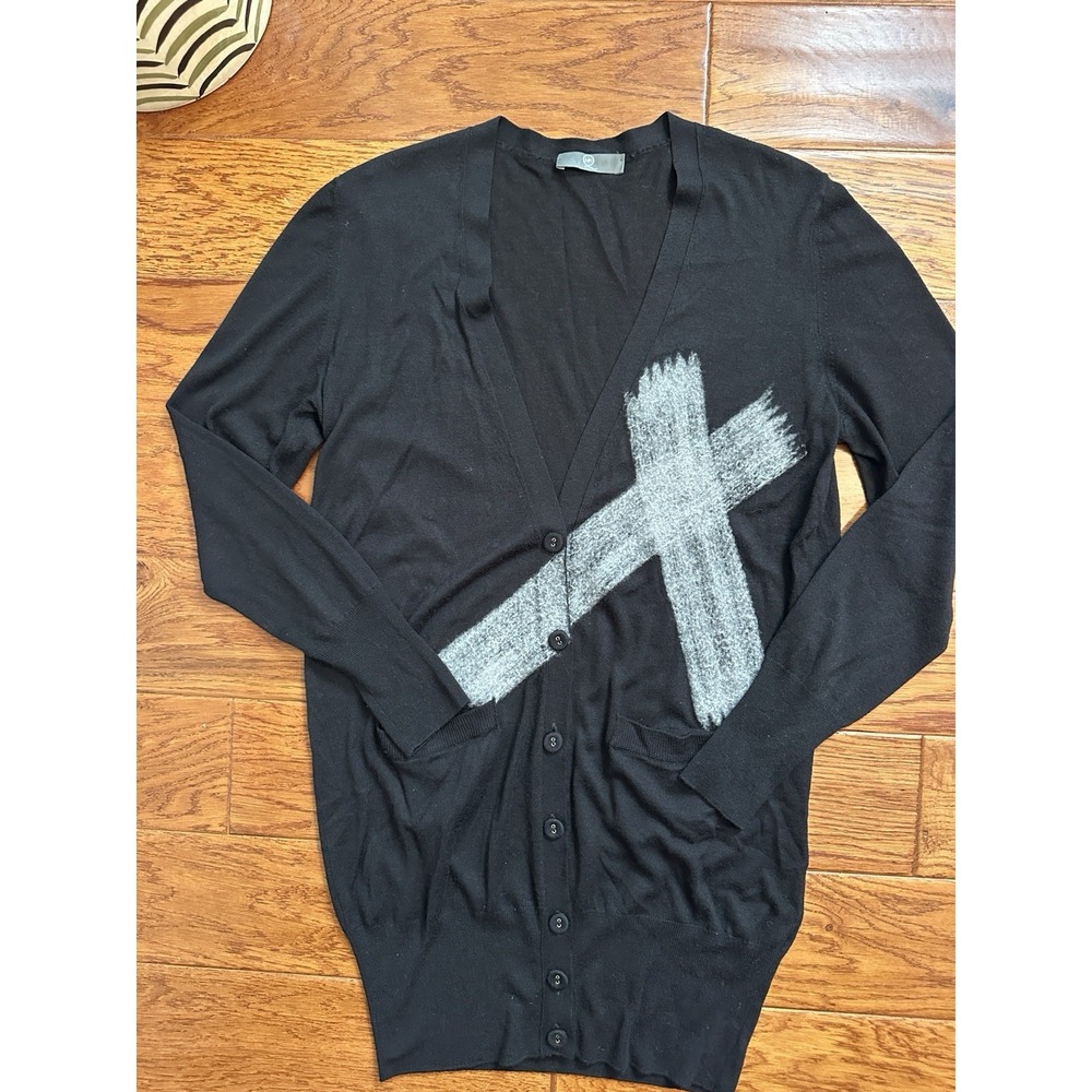 McQ Alexander McQueen Black Cardigan Sweater Soft Knit Grey X Graphic Womens